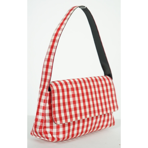 1010 - A Ralph Lauren red and white gingham satin evening bag, width 22cm, height 14cm, overall height 30cm... 