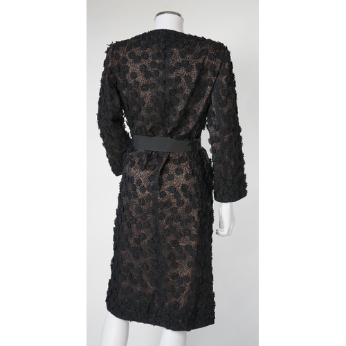 1019 - A Nicole Farhi lady's black lace knee length jacket with flower embellishment all over with black ri... 