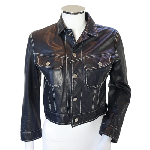 1020 - A vintage Ralph Lauren Purple Collection lady's navy jacket white stitching leather denim style crop... 