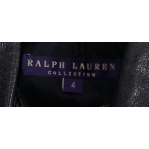 1020 - A vintage Ralph Lauren Purple Collection lady's navy jacket white stitching leather denim style crop... 