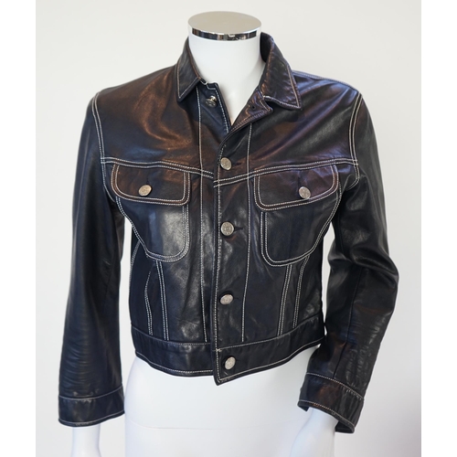 1020 - A vintage Ralph Lauren Purple Collection lady's navy jacket white stitching leather denim style crop... 