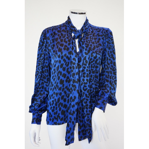 1021 - A vintage Saint Laurent royal blue and black leopard print silk blouse, IT40