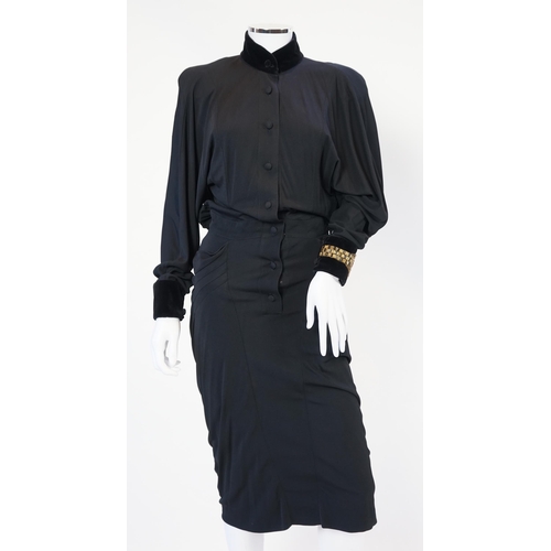 1025 - A Karl Lagerfeld black evening dress, stunning dress, velvet collar and velvet cuffs with gold bead ... 