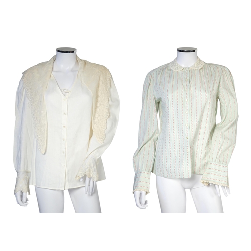 1027 - Two Ralph Lauren cotton blouses with lace detail, one cream and the other striped floral with cream ... 