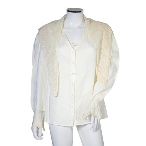 1027 - Two Ralph Lauren cotton blouses with lace detail, one cream and the other striped floral with cream ... 