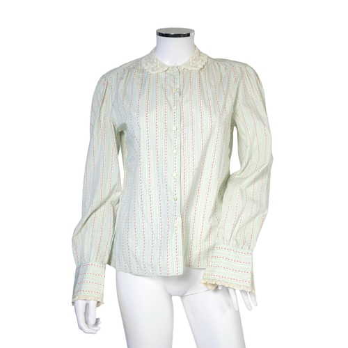 1027 - Two Ralph Lauren cotton blouses with lace detail, one cream and the other striped floral with cream ... 