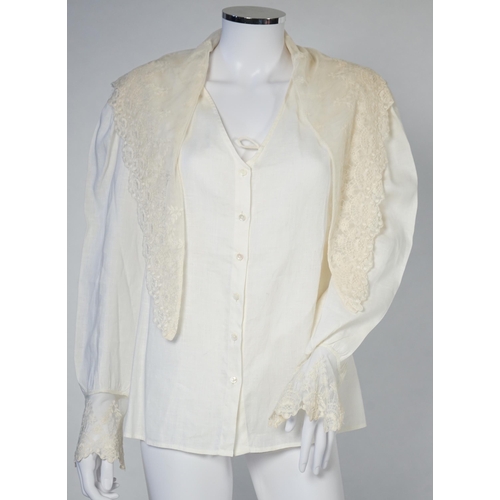 1027 - Two Ralph Lauren cotton blouses with lace detail, one cream and the other striped floral with cream ... 