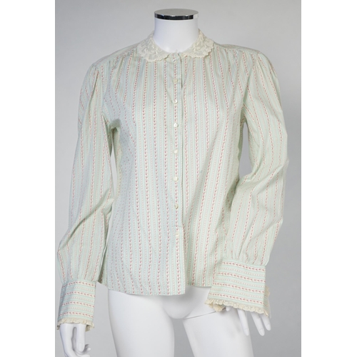 1027 - Two Ralph Lauren cotton blouses with lace detail, one cream and the other striped floral with cream ... 