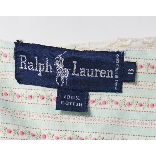 1027 - Two Ralph Lauren cotton blouses with lace detail, one cream and the other striped floral with cream ... 