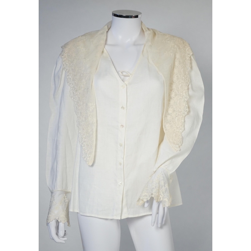 1027 - Two Ralph Lauren cotton blouses with lace detail, one cream and the other striped floral with cream ... 