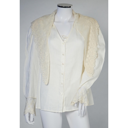 1027 - Two Ralph Lauren cotton blouses with lace detail, one cream and the other striped floral with cream ... 