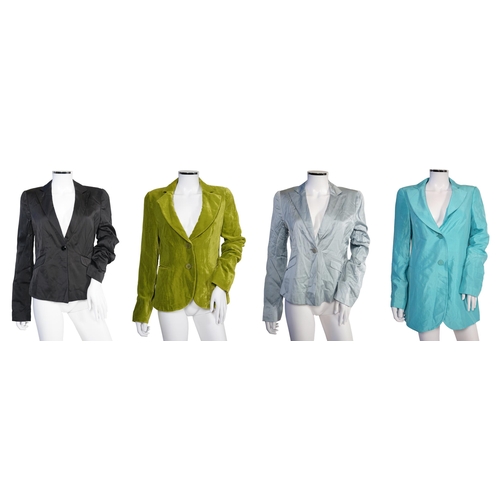 1029 - Four Emporio Armani lady's jackets, light blue silk jacket, grey satin finish jacket, black satin fi... 