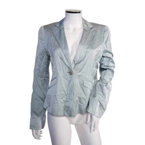 1029 - Four Emporio Armani lady's jackets, light blue silk jacket, grey satin finish jacket, black satin fi... 