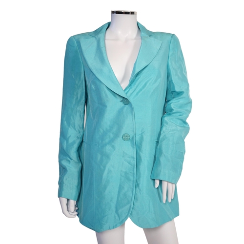 1029 - Four Emporio Armani lady's jackets, light blue silk jacket, grey satin finish jacket, black satin fi... 