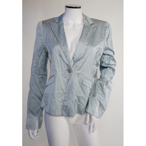 1029 - Four Emporio Armani lady's jackets, light blue silk jacket, grey satin finish jacket, black satin fi... 