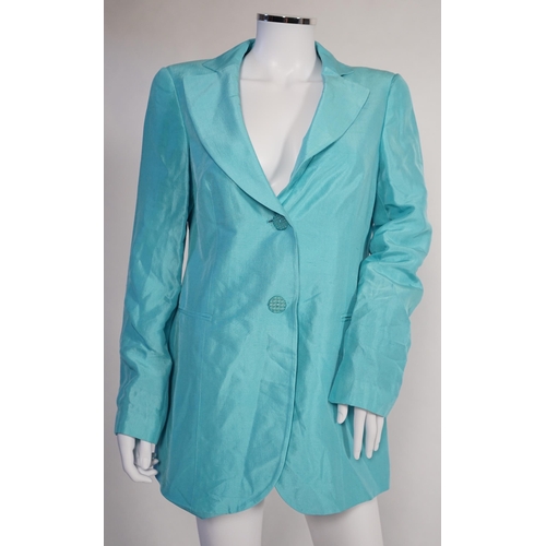 1029 - Four Emporio Armani lady's jackets, light blue silk jacket, grey satin finish jacket, black satin fi... 