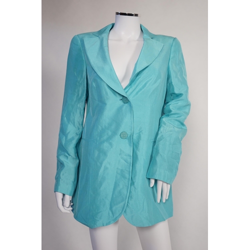 1029 - Four Emporio Armani lady's jackets, light blue silk jacket, grey satin finish jacket, black satin fi... 