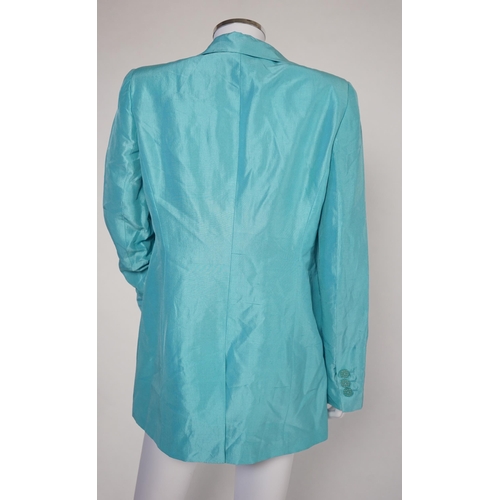 1029 - Four Emporio Armani lady's jackets, light blue silk jacket, grey satin finish jacket, black satin fi... 