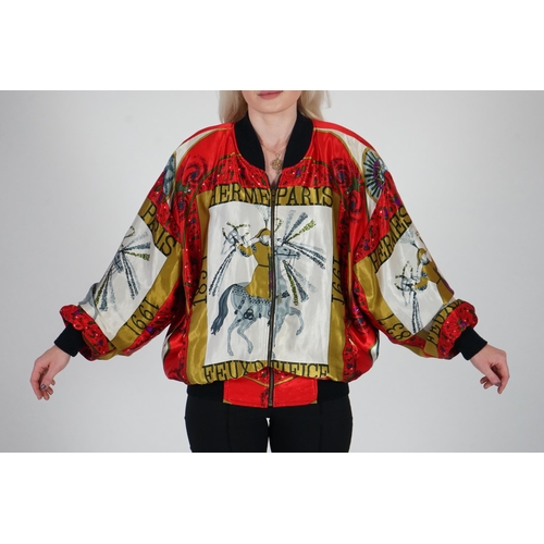 1031 - A Hermès silk bomber jacket, Jacket reads Hermes Paris 1837-1992, fully lined with zip up the front ... 