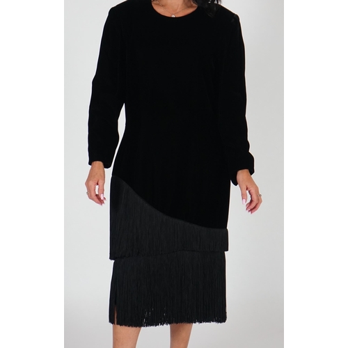 1032 - A vintage Lanvin black velvet dress with fringe, long sleeve sheath with a crew neckline semi fitted... 