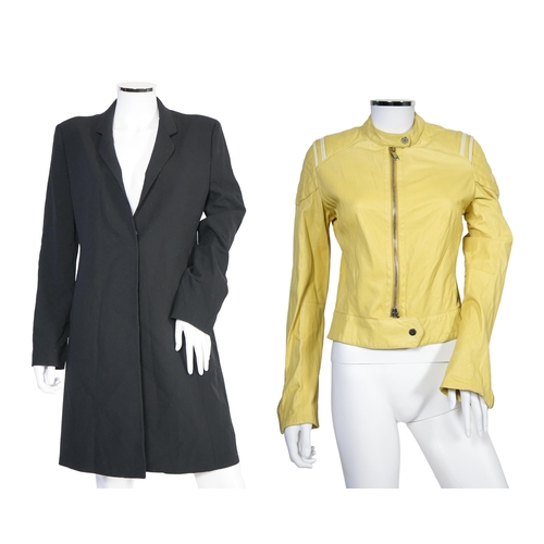 1033 - Two Emporio Armani lady's black jackets and one yellow leather biker jacket, long jacket size EU 40,... 