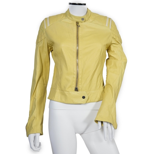 1033 - Two Emporio Armani lady's black jackets and one yellow leather biker jacket, long jacket size EU 40,... 