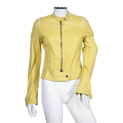 1033 - Two Emporio Armani lady's black jackets and one yellow leather biker jacket, long jacket size EU 40,... 