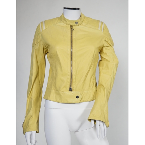 1033 - Two Emporio Armani lady's black jackets and one yellow leather biker jacket, long jacket size EU 40,... 