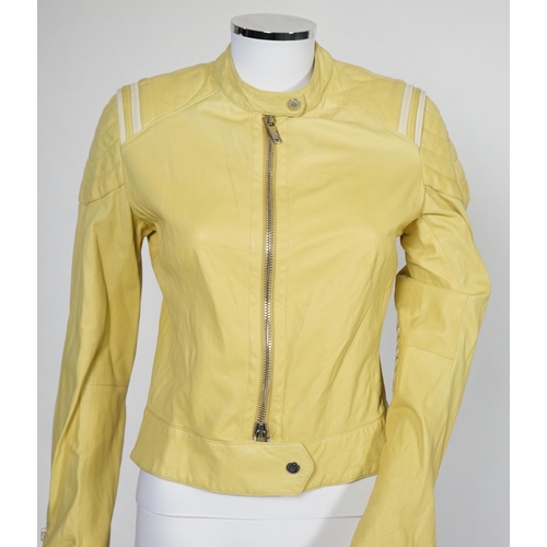 1033 - Two Emporio Armani lady's black jackets and one yellow leather biker jacket, long jacket size EU 40,... 