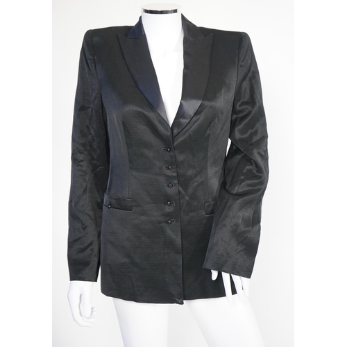 1033 - Two Emporio Armani lady's black jackets and one yellow leather biker jacket, long jacket size EU 40,... 