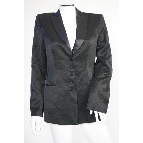 1033 - Two Emporio Armani lady's black jackets and one yellow leather biker jacket, long jacket size EU 40,... 