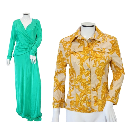 1034 - A Versace Collection green long dress and gold and yellow biker style jacket, dress size 52 and jack... 