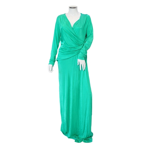 1034 - A Versace Collection green long dress and gold and yellow biker style jacket, dress size 52 and jack... 