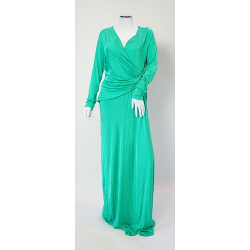 1034 - A Versace Collection green long dress and gold and yellow biker style jacket, dress size 52 and jack... 