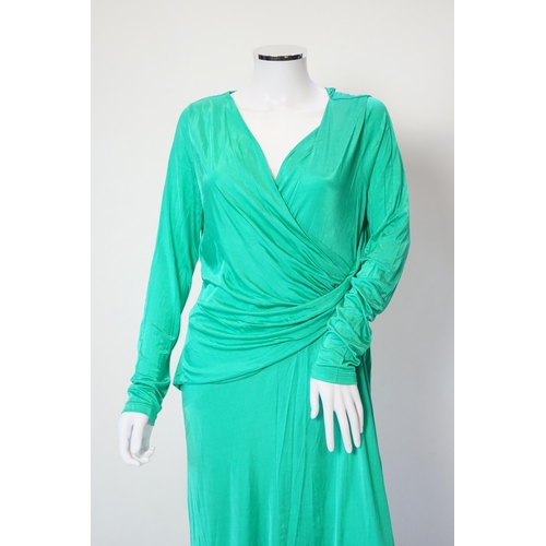 1034 - A Versace Collection green long dress and gold and yellow biker style jacket, dress size 52 and jack... 