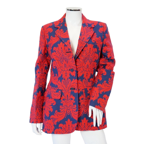 1036 - A Moschino lady's long blue and red jacket, a cream cotton embellished blazer and a cotton pair of f... 