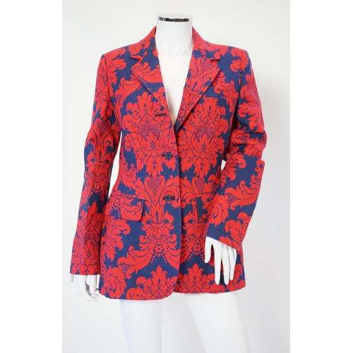 1036 - A Moschino lady's long blue and red jacket, a cream cotton embellished blazer and a cotton pair of f... 