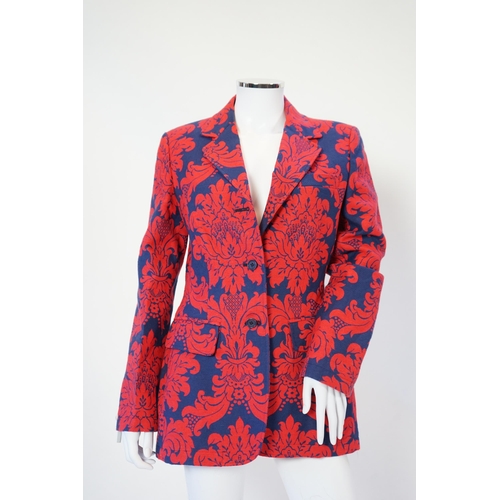 1036 - A Moschino lady's long blue and red jacket, a cream cotton embellished blazer and a cotton pair of f... 