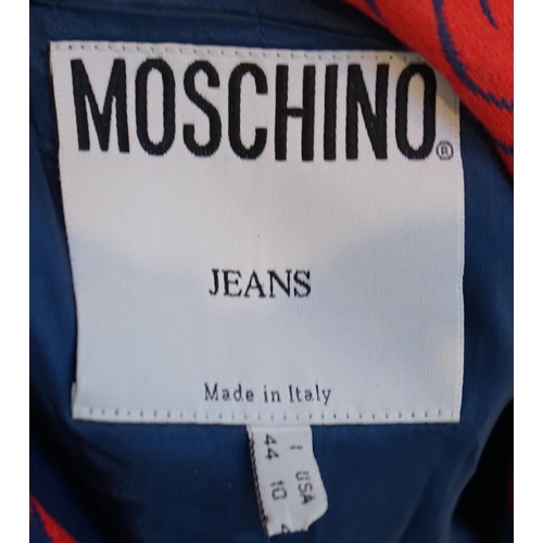 1036 - A Moschino lady's long blue and red jacket, a cream cotton embellished blazer and a cotton pair of f... 