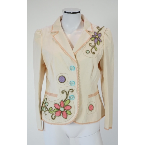 1036 - A Moschino lady's long blue and red jacket, a cream cotton embellished blazer and a cotton pair of f... 