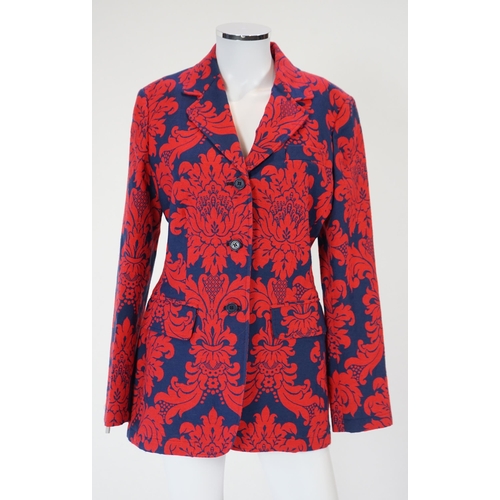 1036 - A Moschino lady's long blue and red jacket, a cream cotton embellished blazer and a cotton pair of f... 