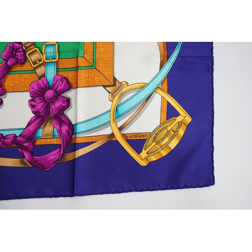 1042 - A Hermès 'Grand Manège' Henry d'Origny silk scarf, purples, golds, green, turquoise and pink colours... 