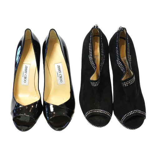 1053 - Two pairs of Jimmy Choo black lady's heeled open toe shoes, a pair of slip on black patent leather a... 