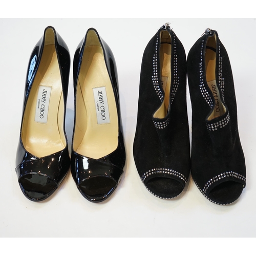 1053 - Two pairs of Jimmy Choo black lady's heeled open toe shoes, a pair of slip on black patent leather a... 