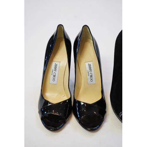 1053 - Two pairs of Jimmy Choo black lady's heeled open toe shoes, a pair of slip on black patent leather a... 