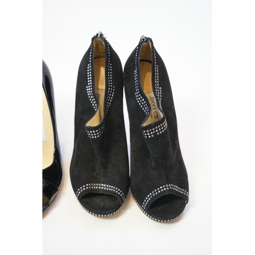 1053 - Two pairs of Jimmy Choo black lady's heeled open toe shoes, a pair of slip on black patent leather a... 