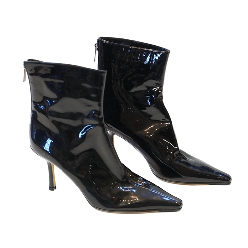 1054 - Two pairs of Jimmy Choo black leather heeled lady's boots, one short patent leather and the other lo... 