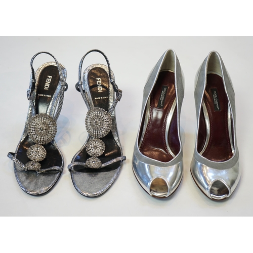 1055 - A pair of Fendi lady's metallic silver sandals with three diamante circle detail and a pair of Dolce... 