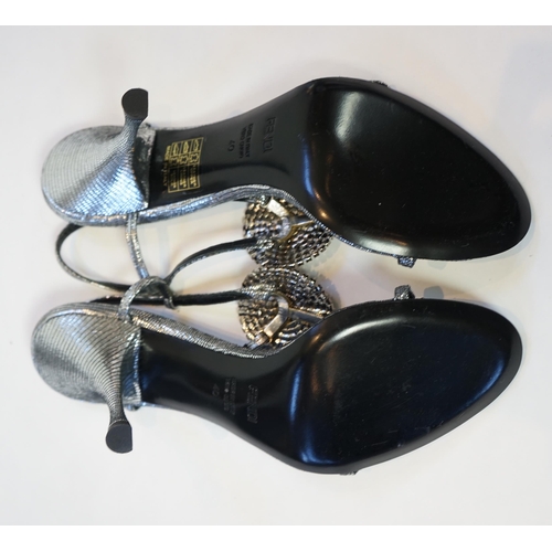 1055 - A pair of Fendi lady's metallic silver sandals with three diamante circle detail and a pair of Dolce... 