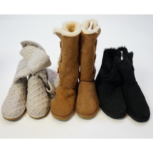 1064 - Three pairs of lady's low/mid height UGG sheepskin boots with side button design, in tan, black sued... 